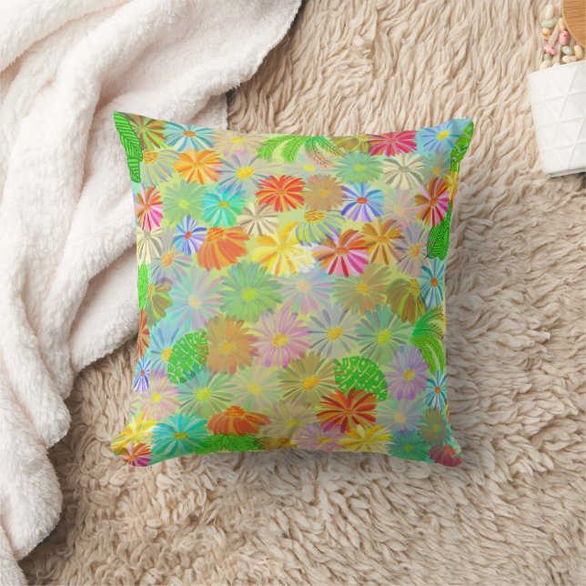 ASTER & CONE FLOWERS & TROPICAL LEAVES WATERCOLOR THROW PILLOW (Blanket)