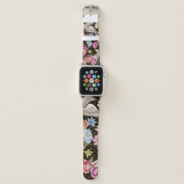 Asters Cranes: Painted Seamless Japanese Style Apple Watch Band (Front)