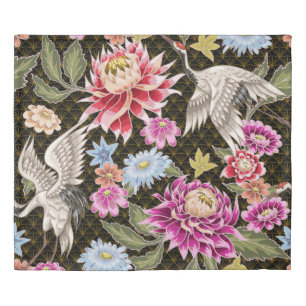 Asters Cranes: Painted Seamless Japanese Style Duvet Cover