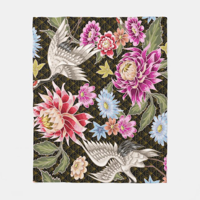 Asters Cranes: Painted Seamless Japanese Style Fleece Blanket (Front)