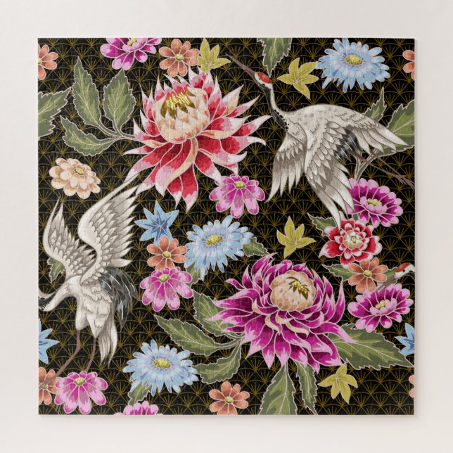 Asters Cranes: Painted Seamless Japanese Style Jigsaw Puzzle (Vertical)