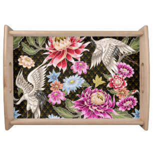 Asters Cranes: Painted Seamless Japanese Style Serving Tray