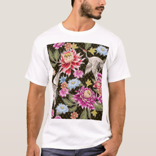 Asters Cranes: Painted Seamless Japanese Style T-Shirt