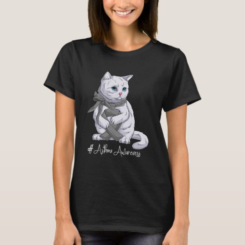 Asthma Awareness Month Gray Ribbon Cat T_Shirt