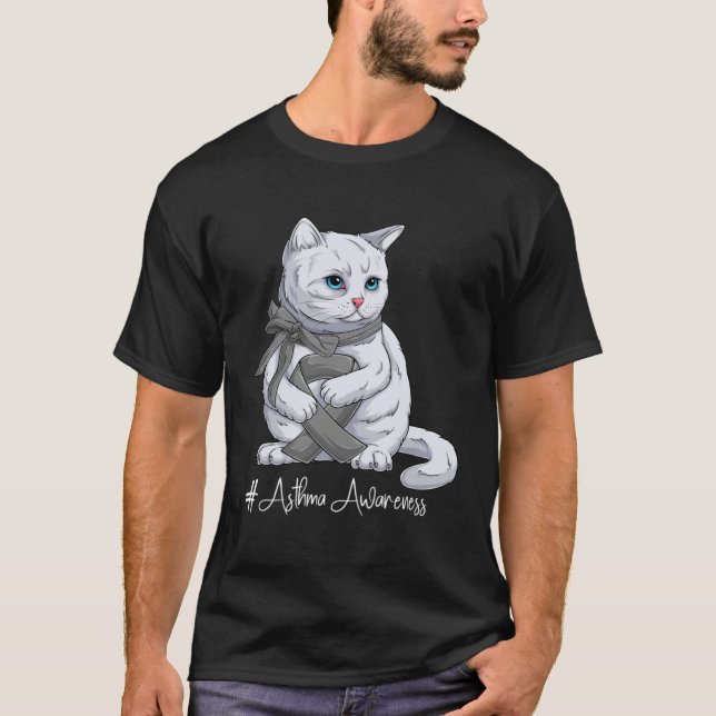 Asthma Awareness Month Gray Ribbon Cat T-Shirt (Front)