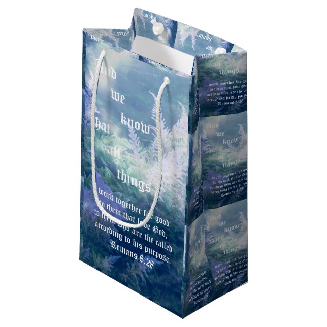 Astilbe Blue Mist Romans 8:28 Small Gift Bag (Front Angled)