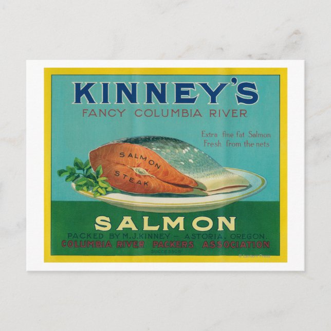 Astoria, Oregon - Kinney's Salmon Case Label Postcard (Front)