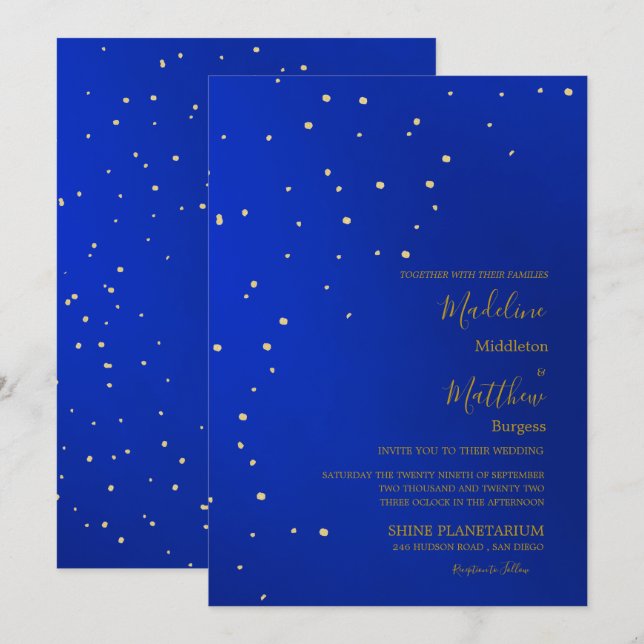 Astral Gold  Stars Blue Evening Wedding Invitation (Front/Back)