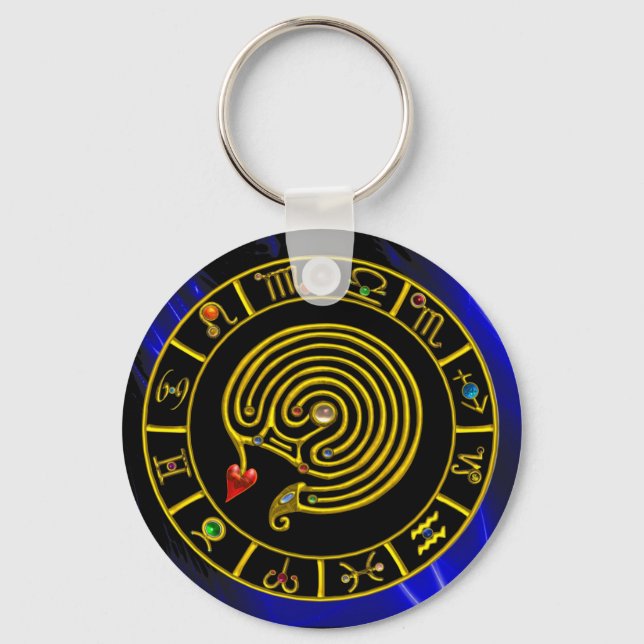 ASTRAL LABYRINTH GOLD ZODIAC CHART Astrology Keychain (Front)