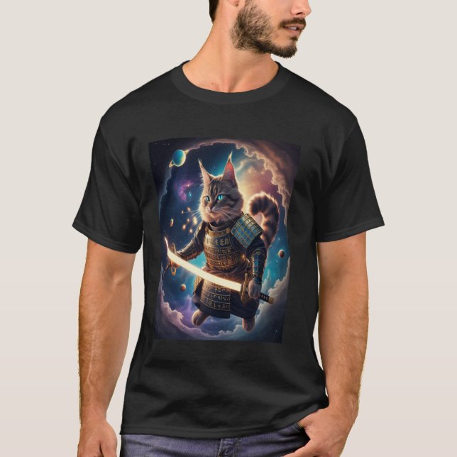 Astral Samurai Cat Guardian of the Celestial Waves T-Shirt (Front)