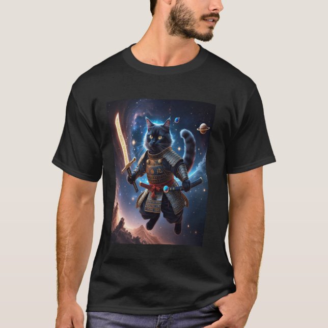 Astral Samurai Cat Guardian of the Celestial Waves T-Shirt (Front)
