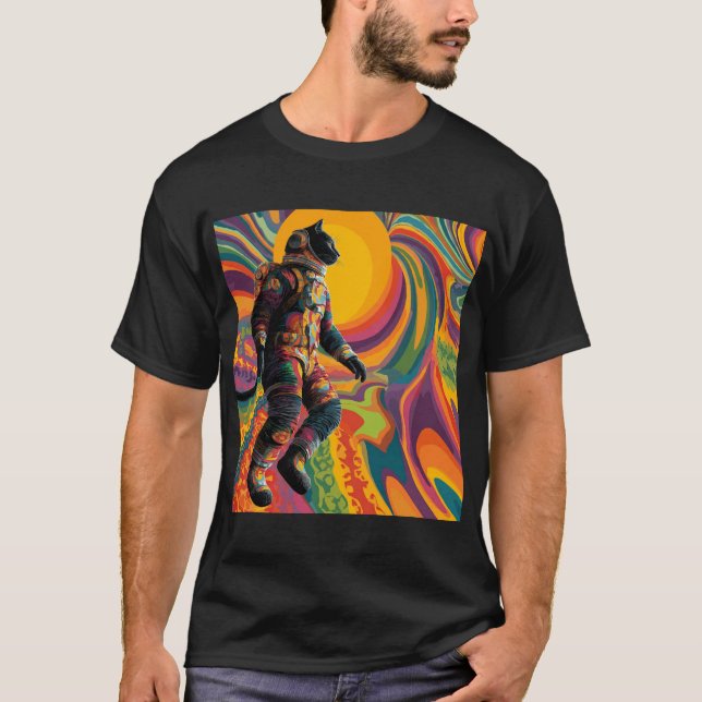 Astral Wanderer Cat – Trippy Space Suit & Sunburst T-Shirt (Front)