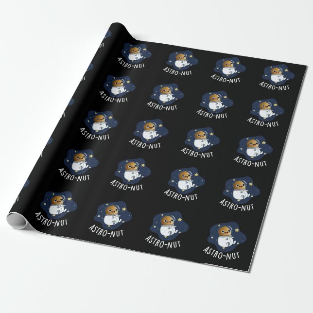 Astro-nut Funny Nut Astronaut Pun Dark BG Wrapping Paper (Unrolled)