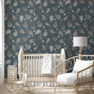 Astro Paisley & Yin Yang Dots Blue Beige Grey Wallpaper