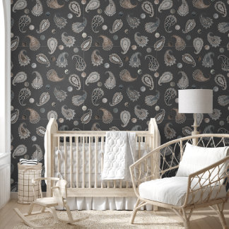 Astro Paisley & Yin Yang Dots Dark Grey Beige Wallpaper