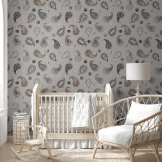 Astro Paisley & Yin Yang Dots Grey Blue Beige Wallpaper