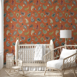 Astro Paisley & Yin Yang Dots Orange Olive Cobalt Wallpaper