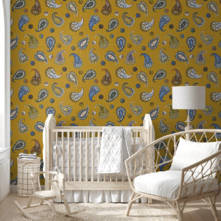 Astro Paisley & Yin Yang Dots Saffron Yellow Blue Wallpaper
