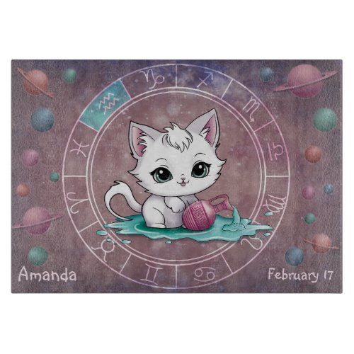 Astrological Aquarius Cute cat Zodiac Wheel Planet Cutting Board