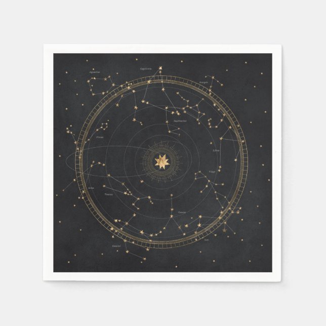 Astrological star map black gold zodiac stars  napkins (Front)