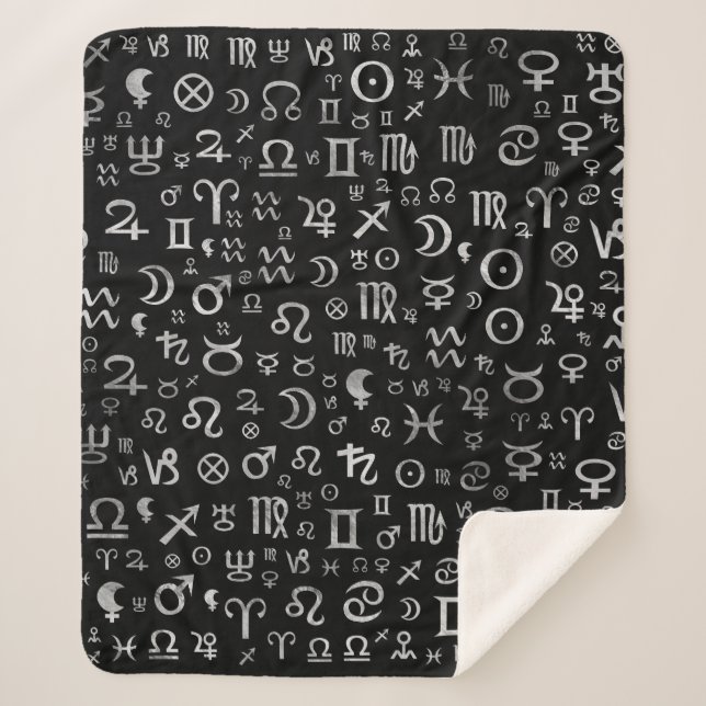 Astrological symbols glyphs Silver on black Sherpa Blanket (Front)