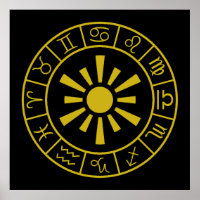 Astrological Zodiac Symbols Wheel+Sun Gold