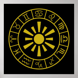Astrological Zodiac Symbols Wheel+Sun Gold Poster