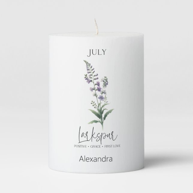 Astrology Birth Month July | Flower Larkspur Pillar Candle (Front)
