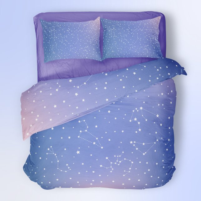 Astrology Blue Pink Gradient Stars Constellation Duvet Cover (Mockup of bed. See my store for matching pillow cases.)