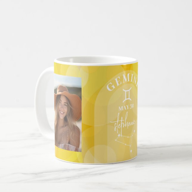 Astrology Gemini Zodiac Sign Photo Custom Birthday Coffee Mug (Front Left)