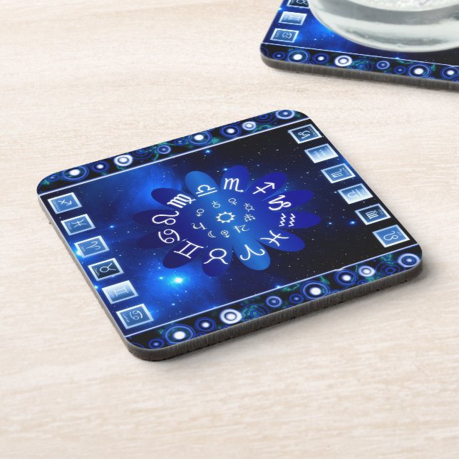 Astrology & Horoscope Symbols Blue Cosmic Design Beverage Coaster (Left Side)