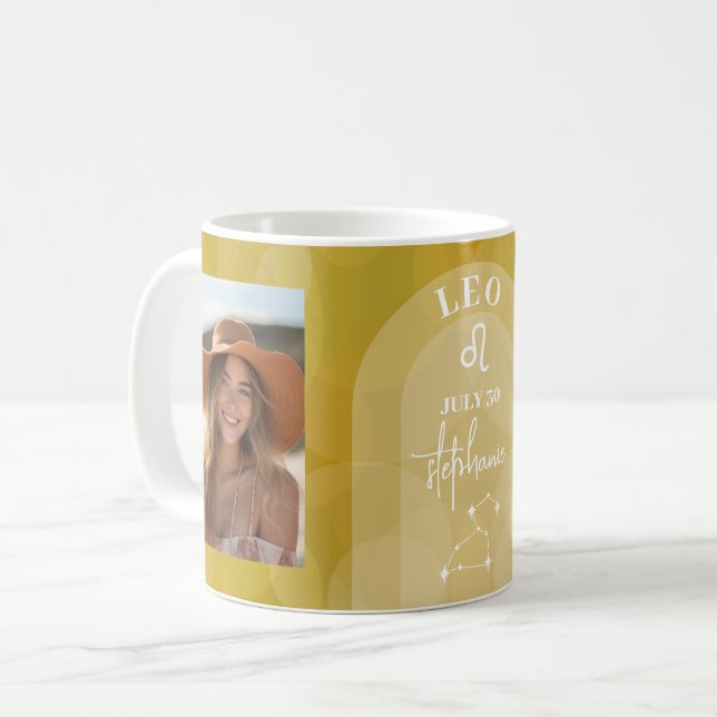 Astrology Leo Zodiac Sign Photo Custom Birthday Coffee Mug (Front Left)
