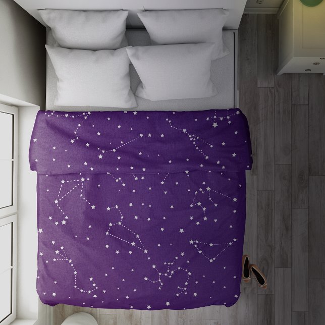 Astrology Purple White Stars Night Constellation Duvet Cover (In Situ. Image by alexandercho on Freepik)