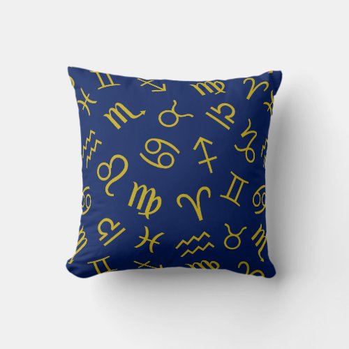 Astrology Sign Symbols Big Pattern GoldDk Blue Throw Pillow