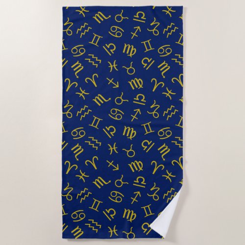 Astrology Sign Symbols Pattern GoldDk Blue Beach Towel