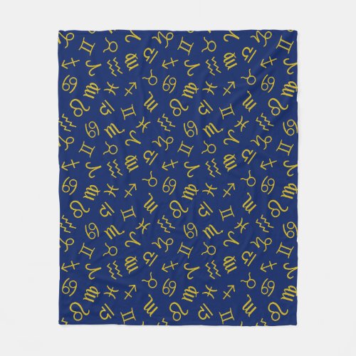Astrology Sign Symbols Pattern GoldDk Blue Fleece Blanket