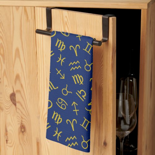 Astrology Sign Symbols Pattern GoldDk Blue Kitchen Towel