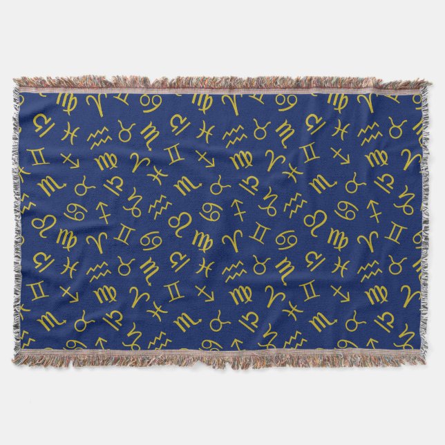 Astrology Sign Symbols Pattern Gold+Dk Blue Throw Blanket (Front)