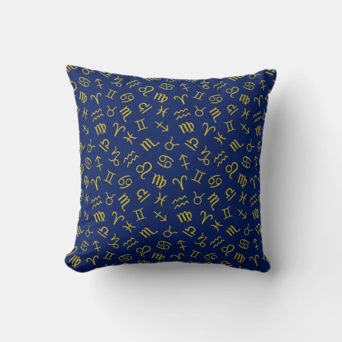 Astrology Sign Symbols Pattern GoldDk Blue Throw Pillow
