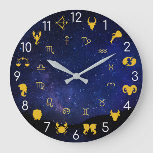 Astrology Zodiac Symbols Blue And Gold Celestial Large Clock