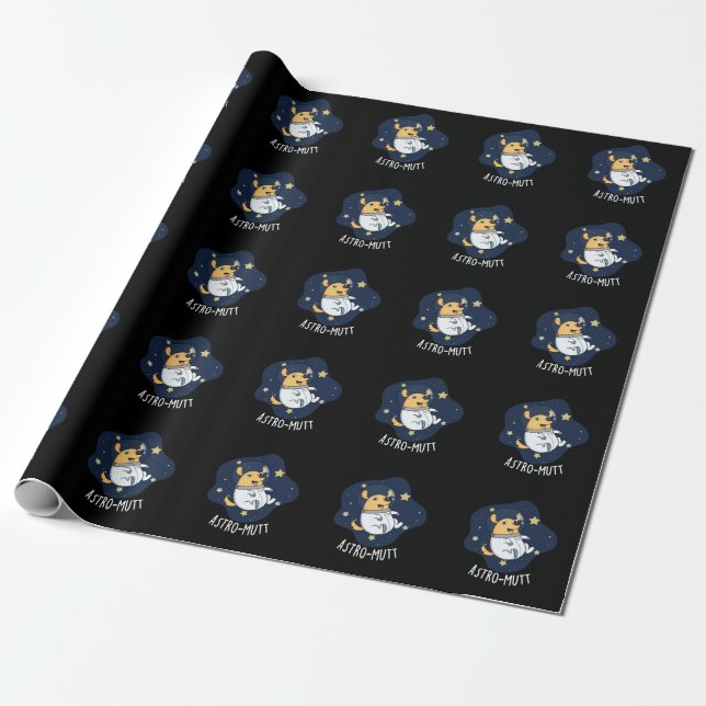 Astromutt Funny Dog Astronaut Pun Dark BG Wrapping Paper (Unrolled)