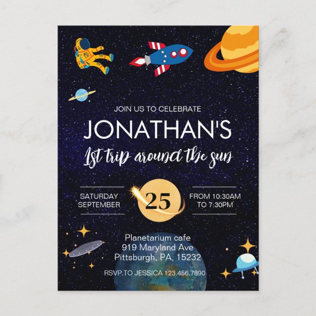 Astronaut 1st birthday space party postcard (Front)