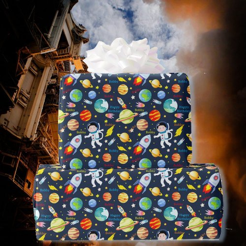 Astronaut Add Name Spaceship Boys Birthday Wrapping Paper