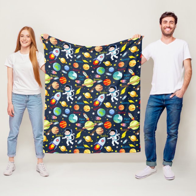 Astronaut Add Name Spaceship Planets Blast Off Fleece Blanket (In Situ)