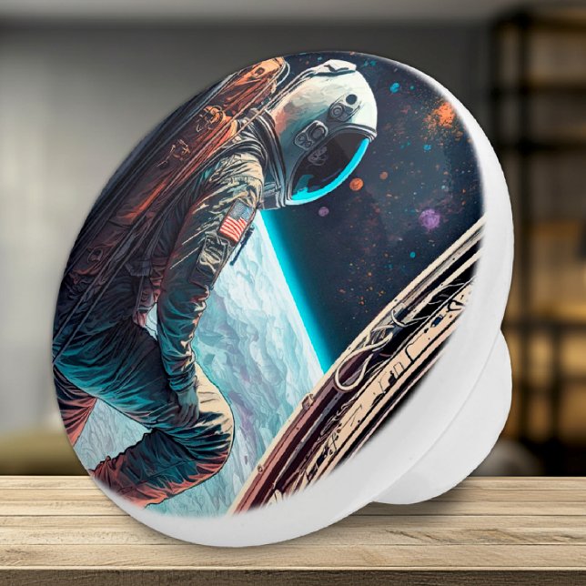 Astronaut Adventure Ceramic Knob (Ceramic Knob - Artistic Rendering of Astronaut in Space - Accent for Kids Room)