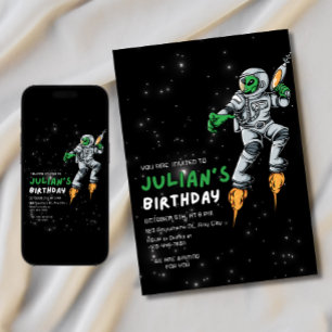Astronaut Alien Birthday Invitation UFO Galaxy Boy