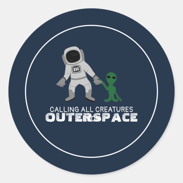 Astronaut & Alien, Outerspace Party Classic Round Sticker (Front)