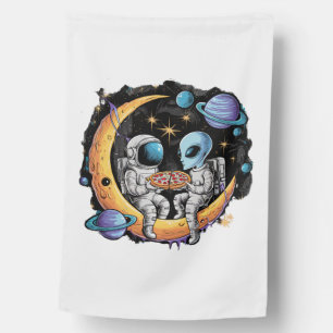 Astronaut and Alien Enjoy a Slice House Flag