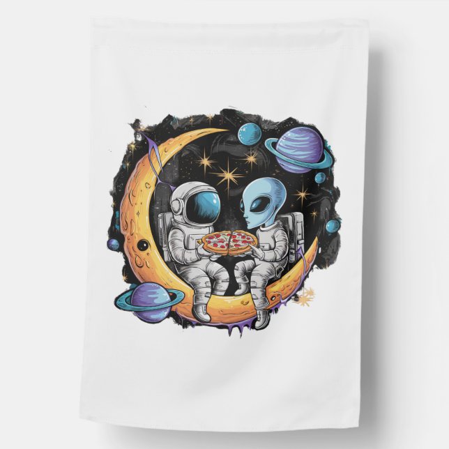 Astronaut and Alien Enjoy a Slice House Flag (Front)