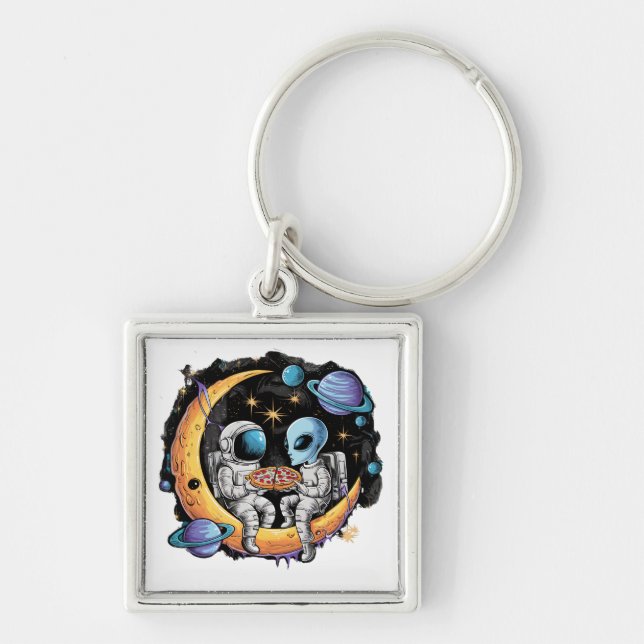 Astronaut and Alien Enjoy a Slice Keychain (Front)